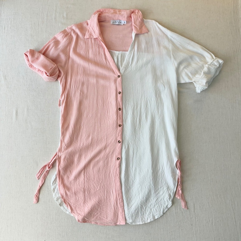 Petal + Pup Linen Colorblock Button Down Shirt Dress Women Small Pink White